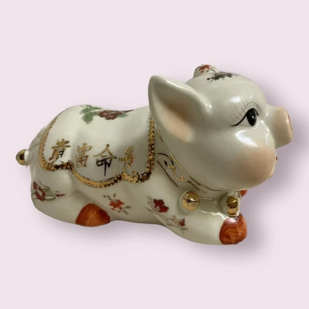 Chinese Floral Ceramic Piggy Bank Home Decor Small White Gold